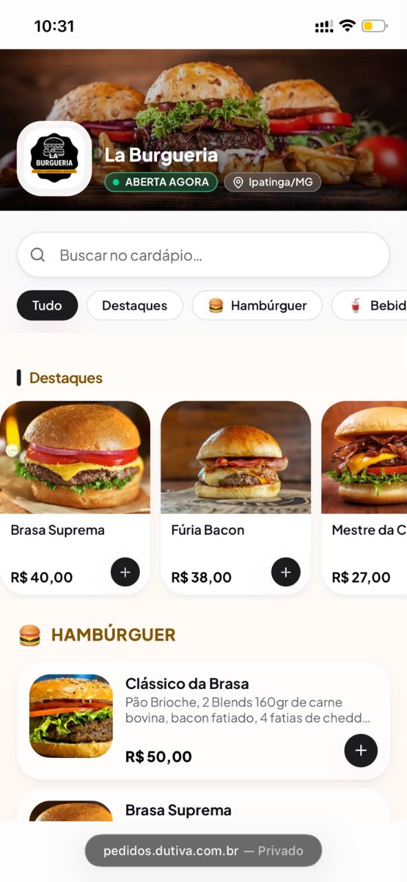 Cardápio Online Dutiva em funcionamento no smartphone